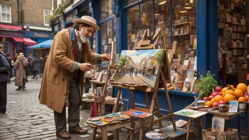 A colourful bohemian artist sets up his easel to paint the street scene on the cobbled pavement outside a bookshop in 19th century London, the air is alive with the sound of laughter and the smell of spices and fresh produce from the other shops.