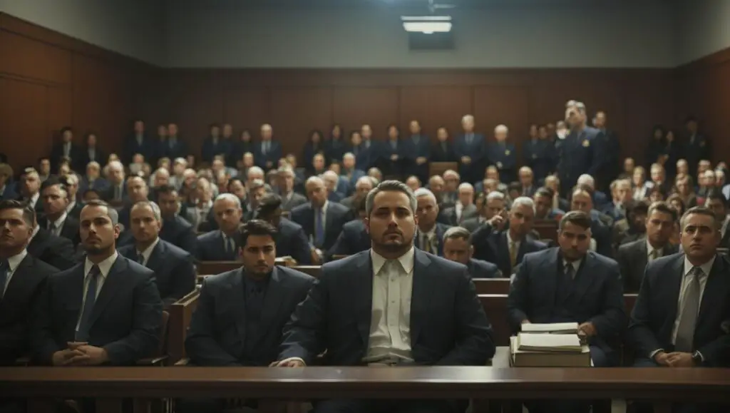 Courtroom scene with the defendant in the foreground seated