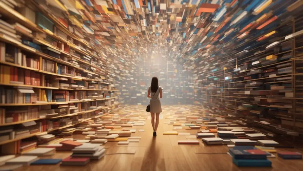 Plagiarism defined. A visual representation of the blurred lines between originality and imitation in the digital realm of literature. A young woman stands in the middle of a library in a virtual blizzard of books