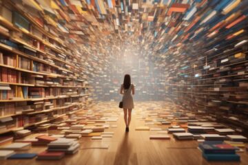 Plagiarism defined. A visual representation of the blurred lines between originality and imitation in the digital realm of literature. A young woman stands in the middle of a library in a virtual blizzard of books