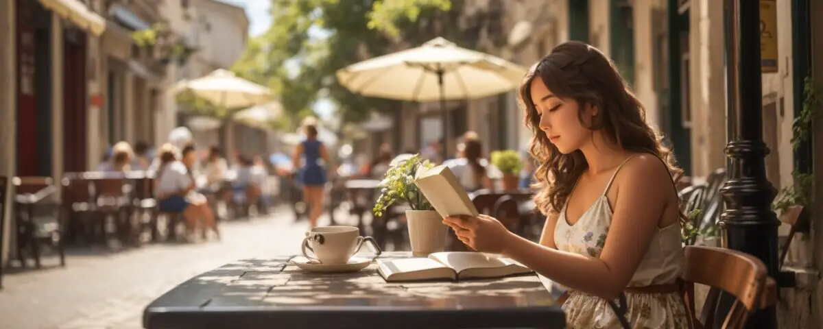 Artist impression of a young lady reading a book at a pavement cafe