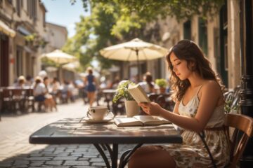 Artist impression of a young lady reading a book at a pavement cafe