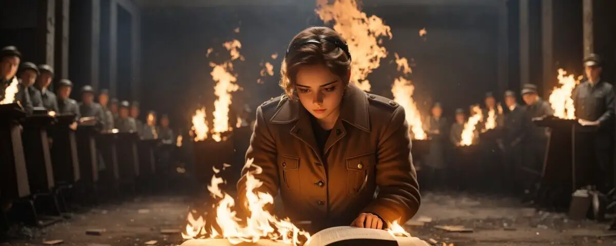 artists impression of a dramatic scene. Young woman's last reading of a burning book surrounded by soldiers