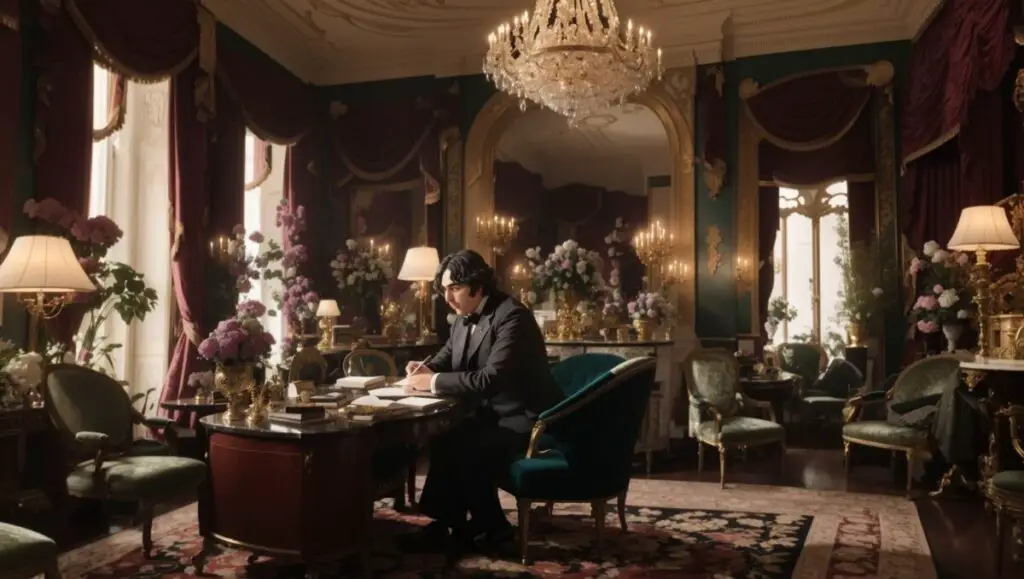 Oscar Wilde as he writes, surrounded by decadence and beauty. The room is a reflection of his opulent lifestyle, with velvet drapes, marble statues, and a faint scent of expensive perfume lingering in the air."