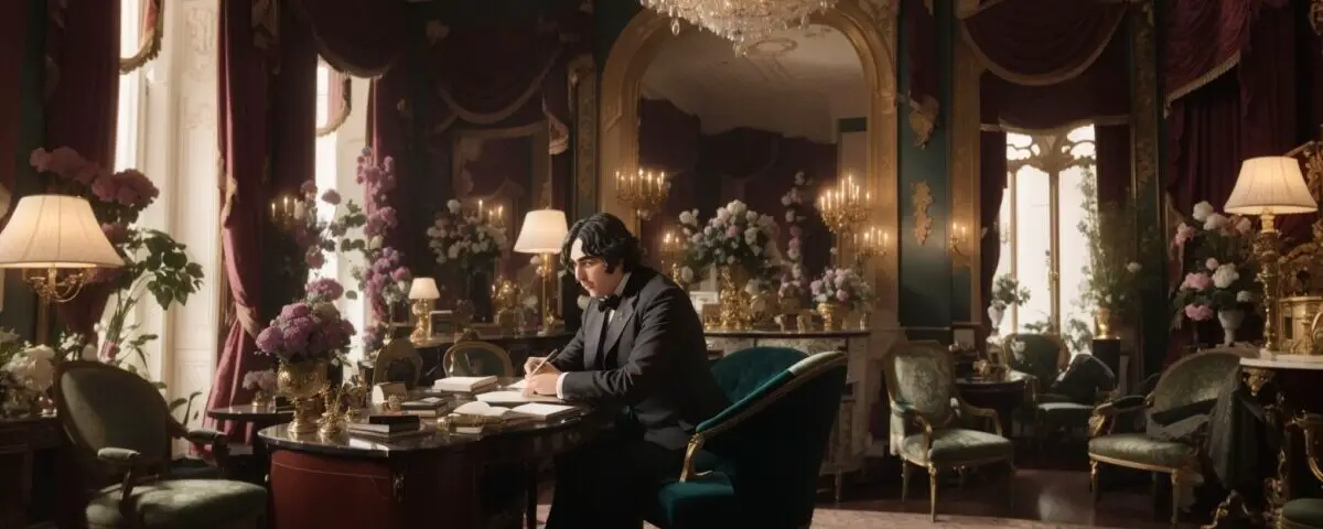 Oscar Wilde as he writes, surrounded by decadence and beauty. The room is a reflection of his opulent lifestyle, with velvet drapes, marble statues, and a faint scent of expensive perfume lingering in the air."