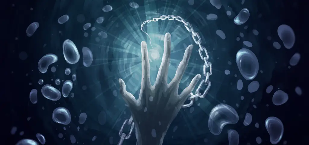 artist impression of freedom. A hand in the water freed from a chain