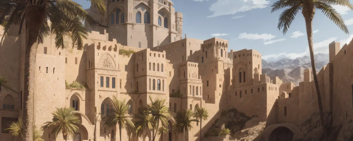 artists impression of an historical city in a desert setting