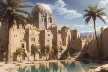 artists impression of an historical city in a desert setting