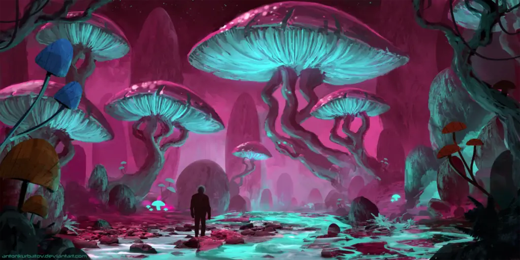 Fantasy Fiction - Man wandering under the capes of giant glowing mushrooms, a living ghost in a fungal forest.