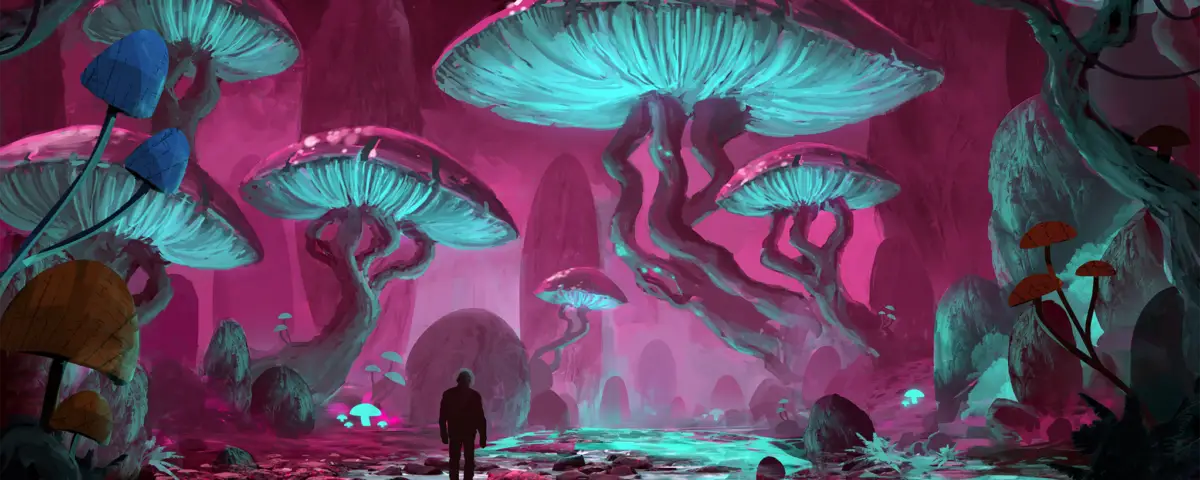Fantasy Fiction - Man wandering under the capes of giant glowing mushrooms, a living ghost in a fungal forest.
