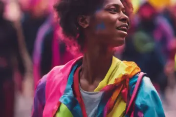 Portrait of a black woman protester in bright colours marching