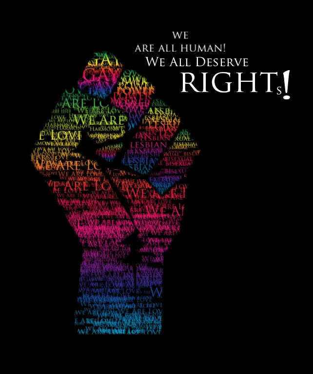 Image of a fist with colourful human rights logos