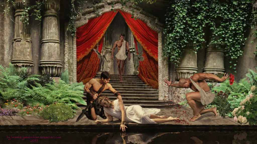 artist impression of ancient performing arts in a Greek tragedy