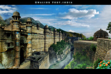 Artists impression of Gwalior fort in Pradesh India.