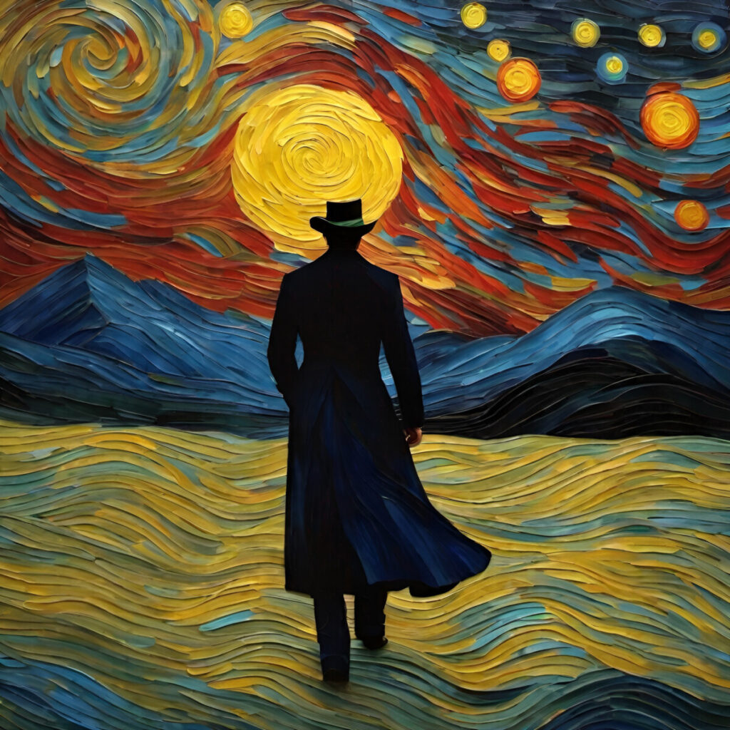 dramatic impressionist oil painting of a silhouetted man in a hat walking towards the sun