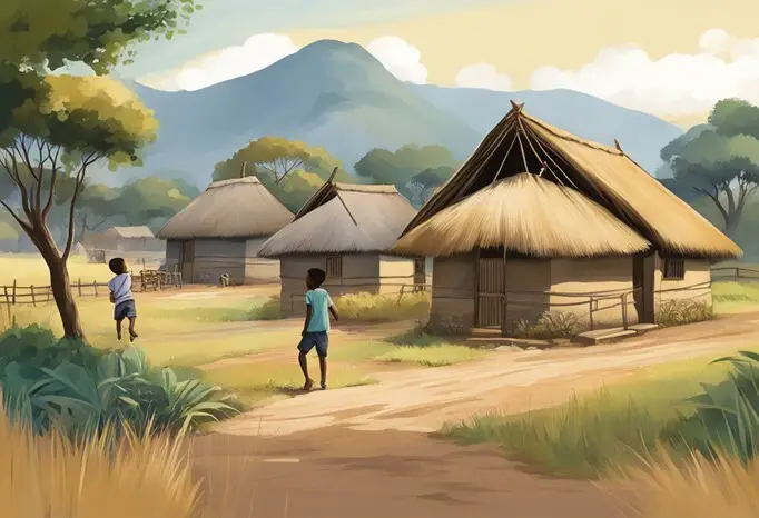 artists impression of a Xhosa village in South Africa.