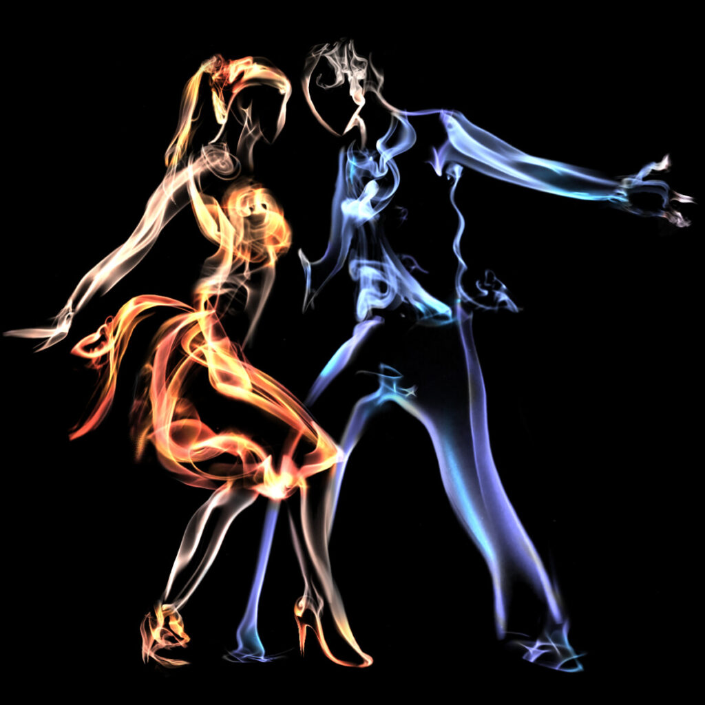 Orange and Blue computer generated depiction of a couple of Cha-Cha dancers on a black background
