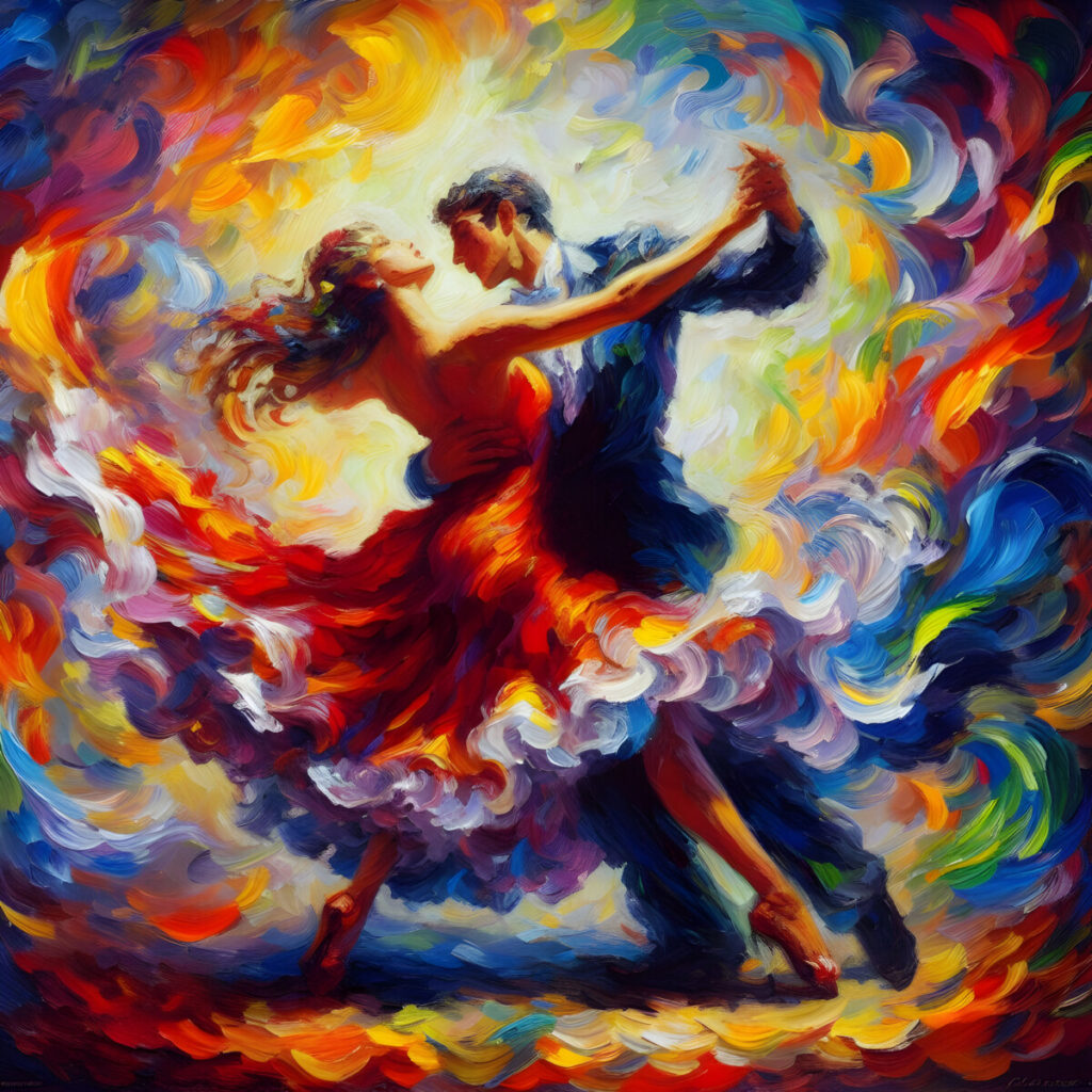 artistic impression of a couple dancing in vibrant swirling colours
