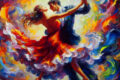 artistic impression of a couple dancing in vibrant swirling colours