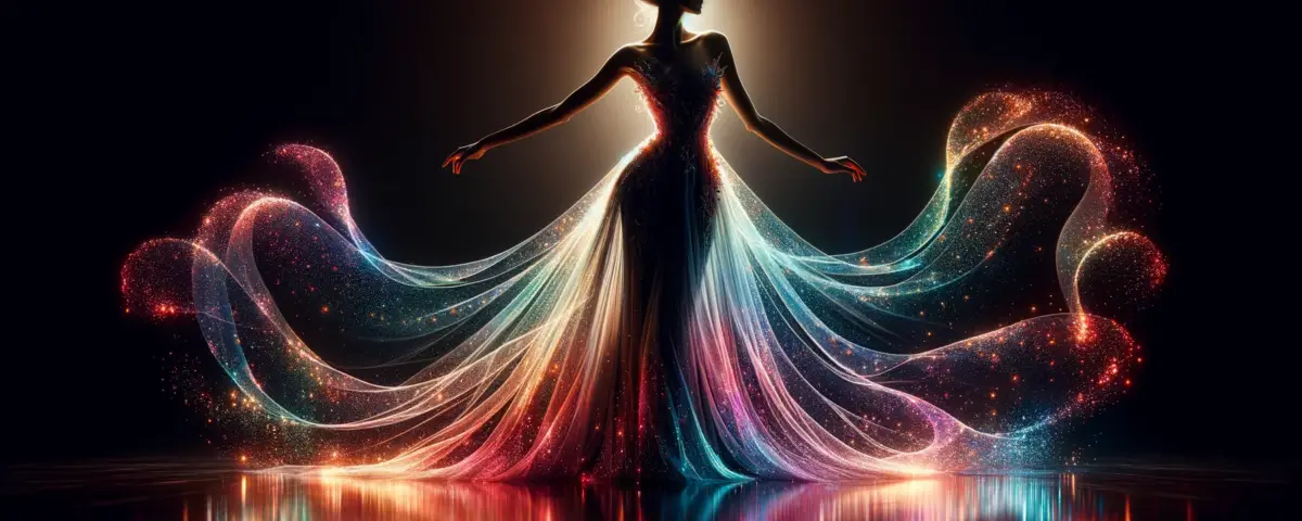 girl dancing in silhouette, wearing ethereal colourful flowing robes