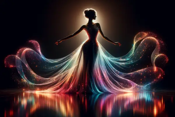 girl dancing in silhouette, wearing ethereal colourful flowing robes