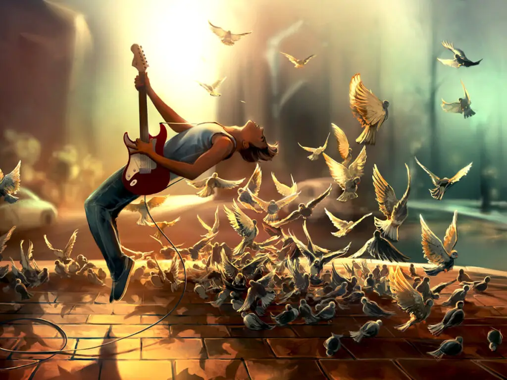 artists depiction of a guitarist performing amongst a flock of doves
