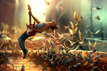 artists depiction of a guitarist performing in a flock of doves