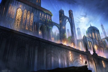 stunning futuristic art depiction of a massive religious structure