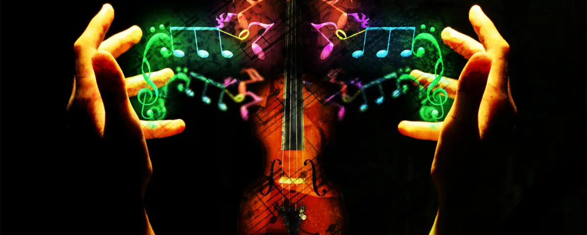 two hands holding music notes around a guitar - colourful