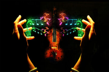 two hands holding music notes around a guitar - colourful