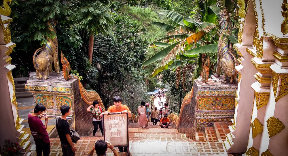 looking down the steps of Doi Suthep Wat