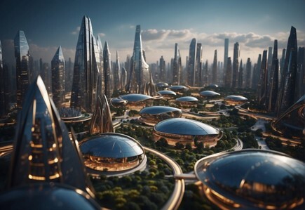 Artists depiction of a city created from modern scultures