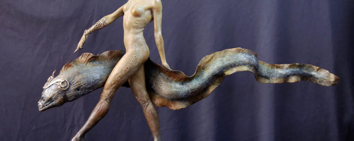 Nude girl bronze statue walking an eel. The dimensions of this piece are 19" tall, 28" long and 5" wide. I will be producing this as a limited edition bronze sculpture