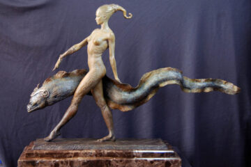 Nude girl bronze statue walking an eel. The dimensions of this piece are 19" tall, 28" long and 5" wide. I will be producing this as a limited edition bronze sculpture