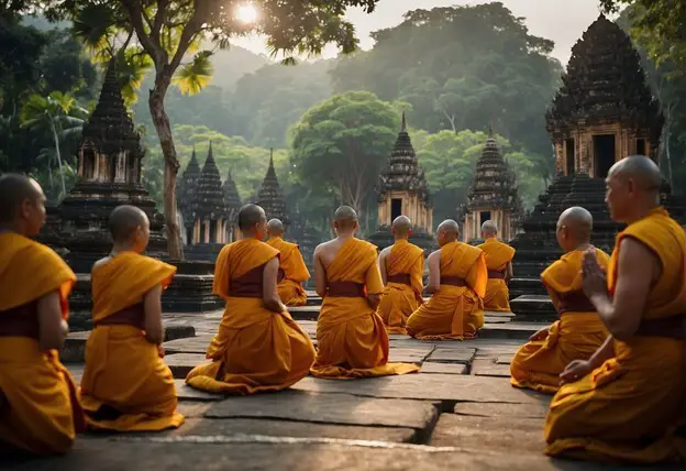 A group of Buddhist monks in prayer in a beautiful outside setting