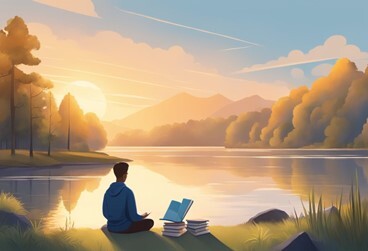 Man meditating with a pile of books looking across a sunlit river in the country. Artistic impression