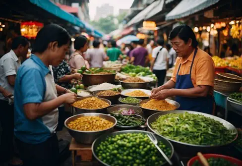photo of 2 men preparing food in an outdoor food market
