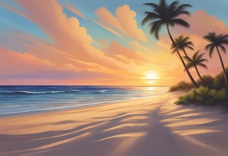 artistic impression of a tropical beach at sunset
