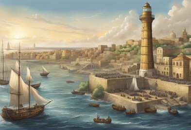 Illustration in colour of Alexandria's famous Lighthouse with sailing ships