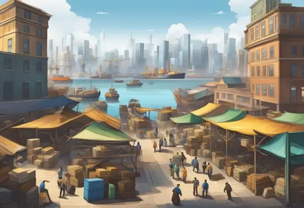 Coloured illustration of traders at Alexandria's seaport