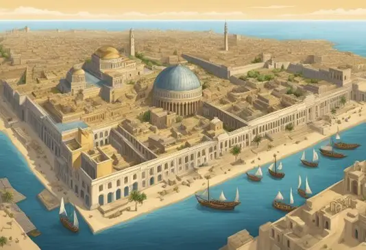 Coloured illustration of  the city of Alexandria