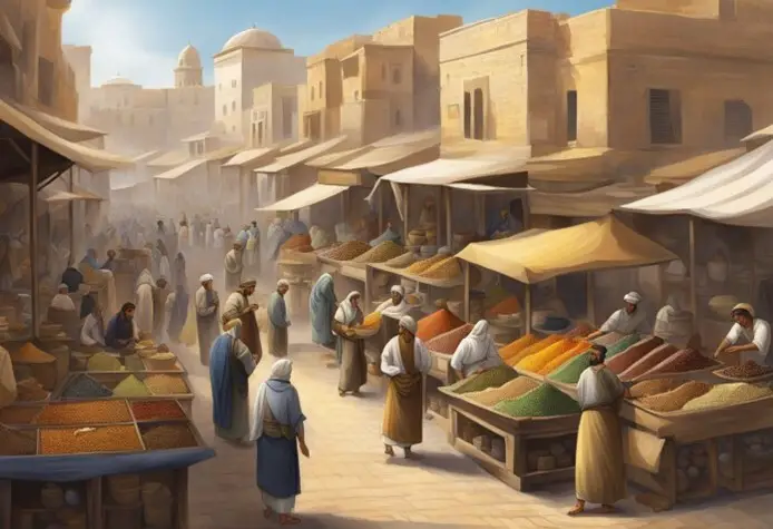 coloured illustration of  spice traders in Alexandria market