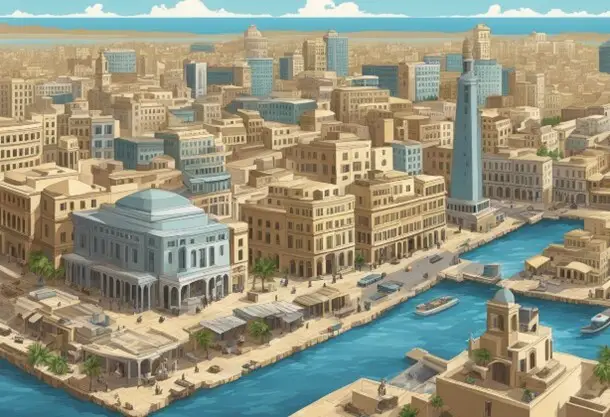 Cloured illustration of modern Alexandria