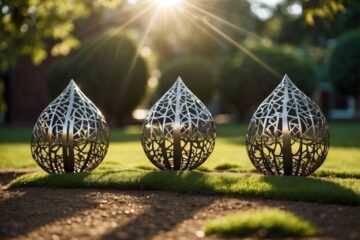 3 shiny pointed sculptured globes on grass in the sunlight