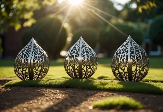 3 shiny pointed sculptured globes on grass in the sunlight