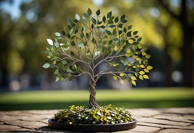 metal sculpture of a tree with green leaves standing in a garden with blurry background