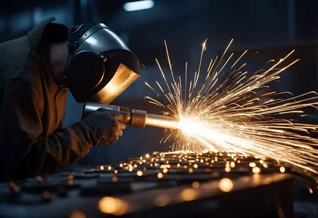 Metal worker in heavy mask blasting metal with a gun in a spray of sparks