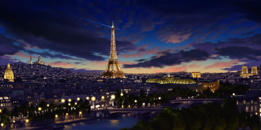 Panoramic night view of the eiffel tower