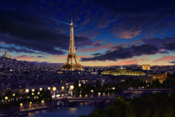 Panoramic night view of the eiffel tower