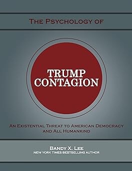 Book cover - Grey background with a solid dark red circle in the centre displaying the words - TRUMP CONTAGION